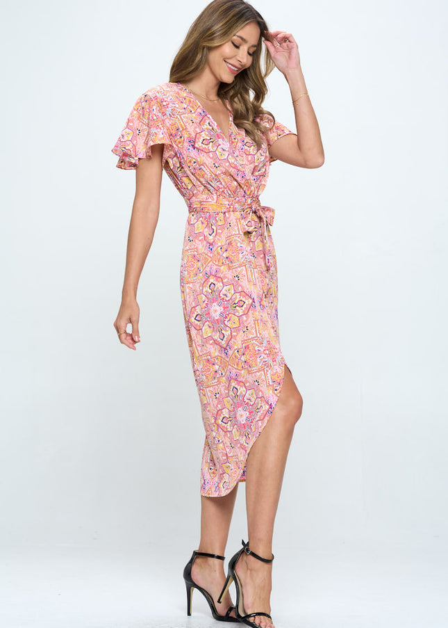 Print V Neck Dress With Tie-Renee C.-Urbanheer