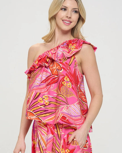 Tropical Leaf Print One Shoulder Top with Ruffle-TOP-Renee C.-Urbanheer