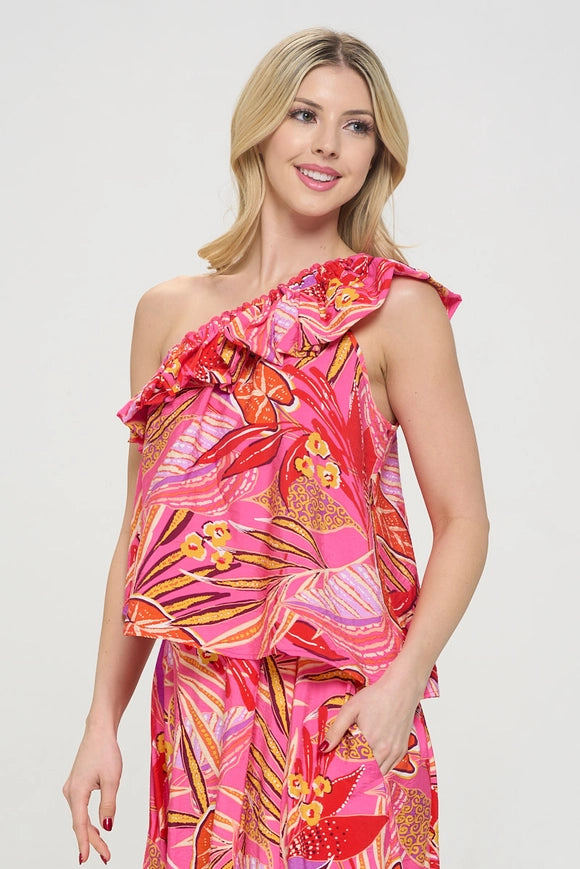 Tropical Leaf Print One Shoulder Top with Ruffle-TOP-Renee C.-Urbanheer