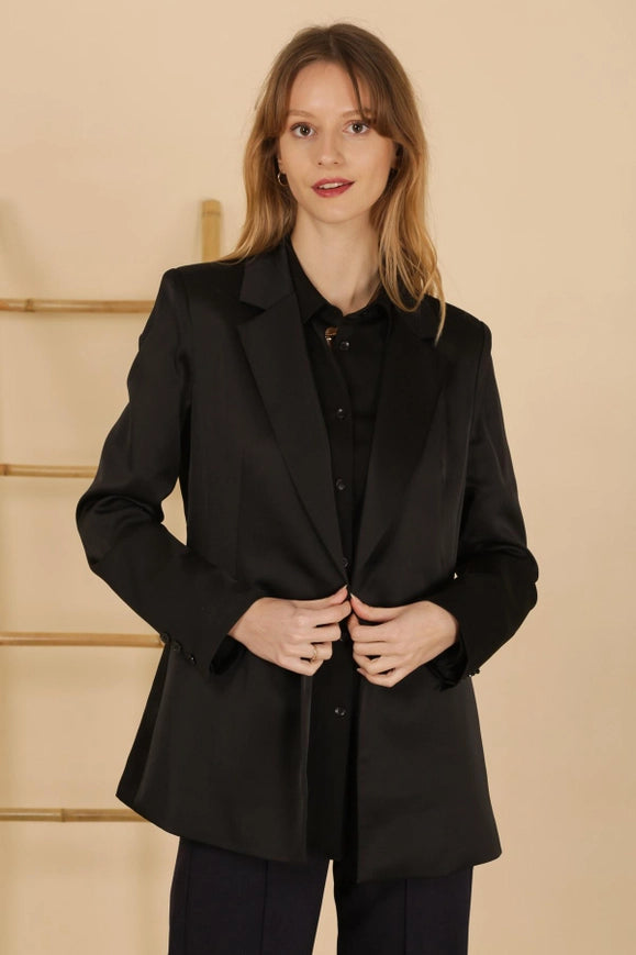 Plain Fitted Satin Jacket Black-Jacket-Attentif Paris-Urbanheer