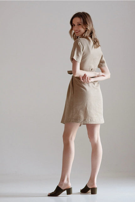 Beige Tie Belt Wrap Linen Bridesmaid Dress For Woman Mini-Dress-Nich Linen-Urbanheer