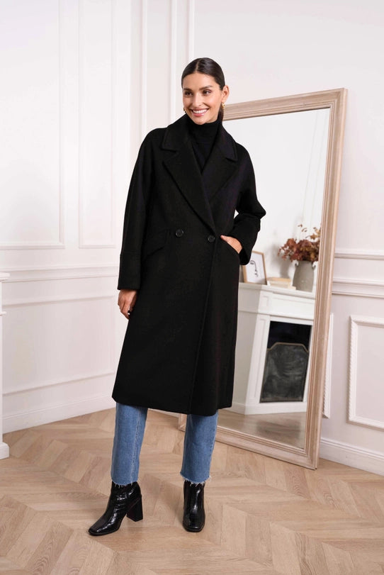 Oversized Plain Coat with Wool Black-COAT-Attentif Paris-S-Urbanheer