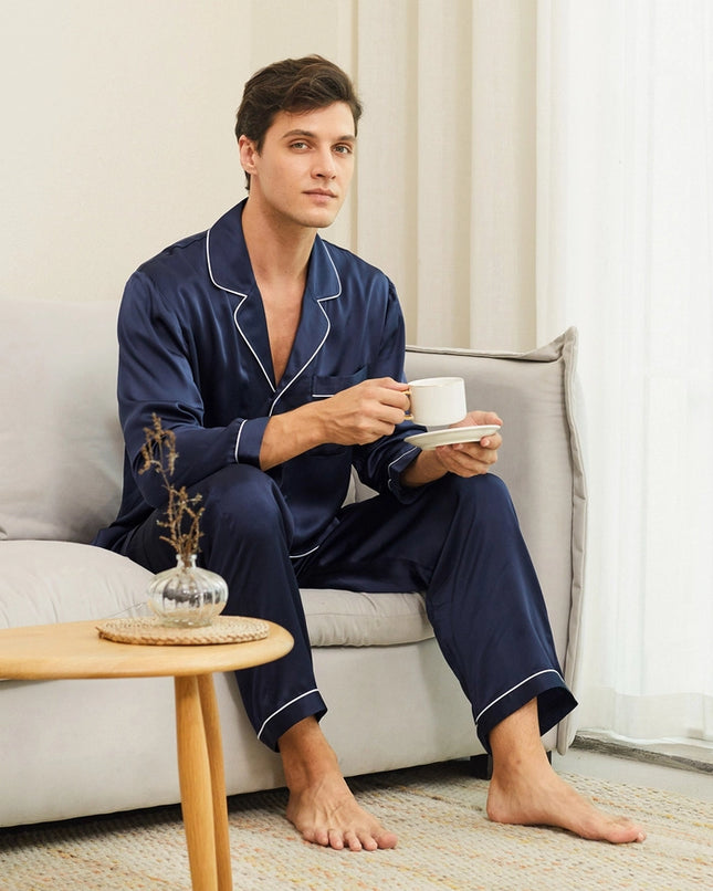 Piped Silk Pajamas - For Men Navy Blue-Pajamas-MommeSilk-XS-Urbanheer