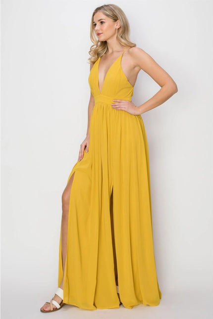 SLEEVELESS Double Strap Slit Maxi Dress YELLOW-Dress-HYFVE-Urbanheer