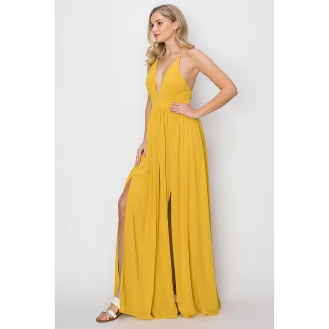 SLEEVELESS Double Strap Slit Maxi Dress YELLOW-Dress-HYFVE-Urbanheer