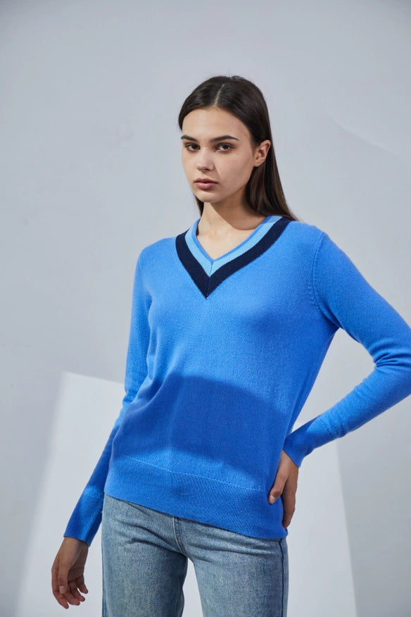 Contrasting V-Neck Cashmere Sweater-Sweater-Pissenlit-Urbanheer