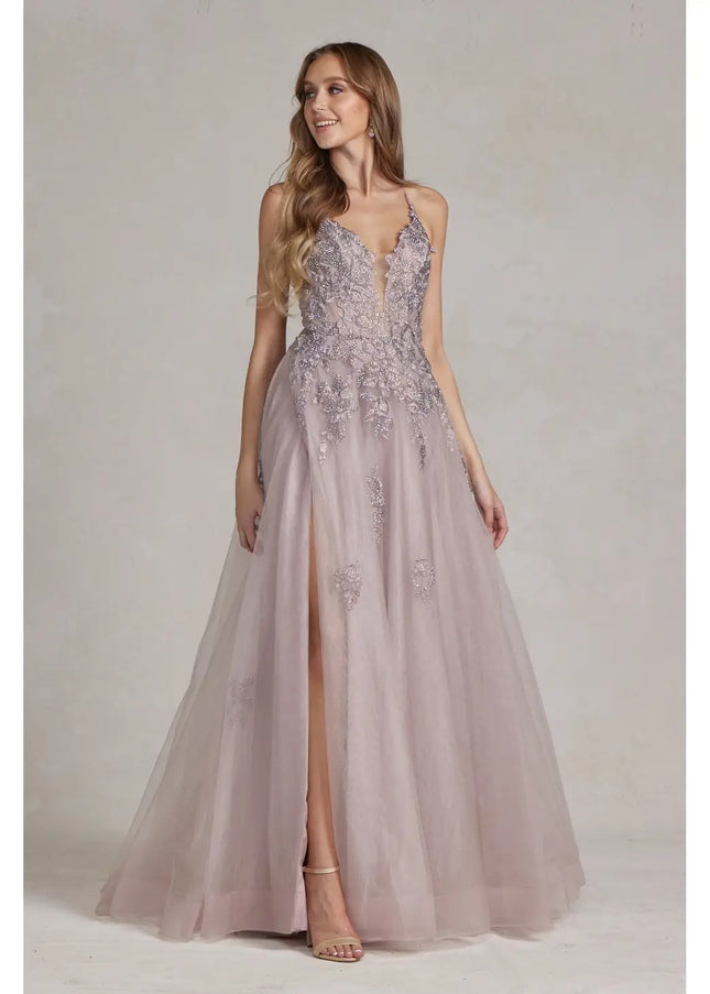 Embroidered Plunging V-Neck Prom Gown-Clothing - Women-Nox Anabel-Urbanheer