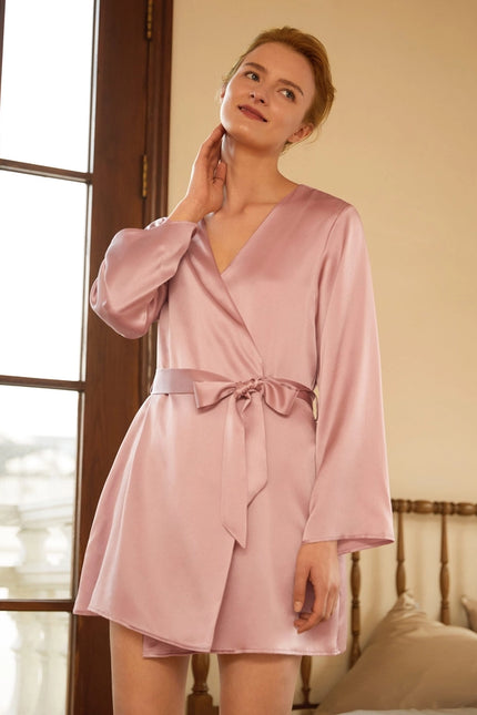 Loose Collarless Silk Rosy Pink-Robe-MommeSilk-Urbanheer