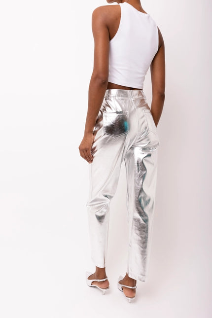 Lupe Straight Faux Leather Metallic Pants SILVER-Pants-Amy Lynn-Urbanheer