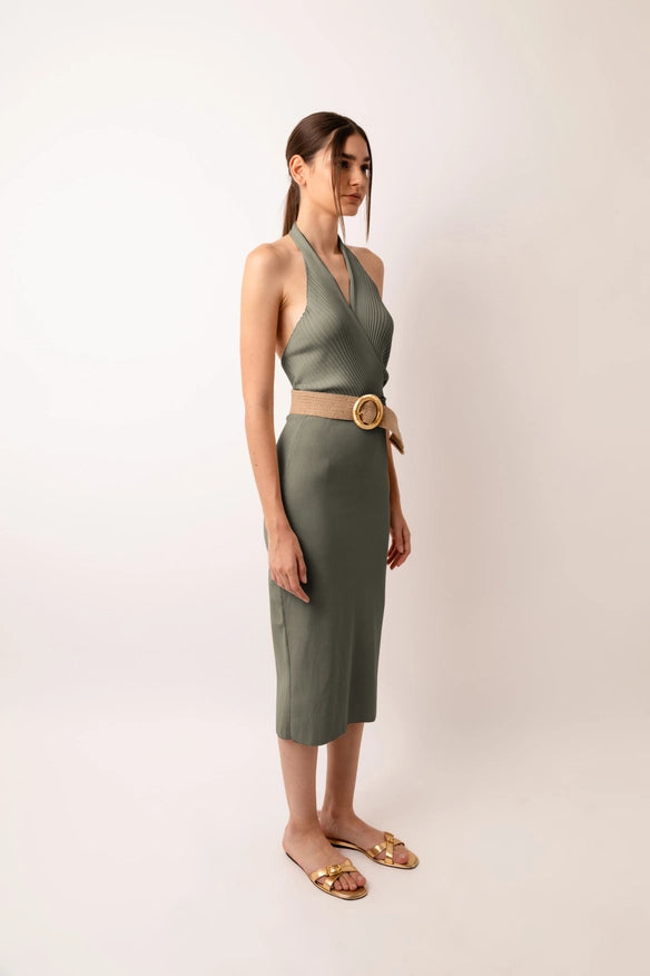 Marrakech Knit Fitted Halter Neck Midi Dress Green-Dress-Amy Lynn-Urbanheer