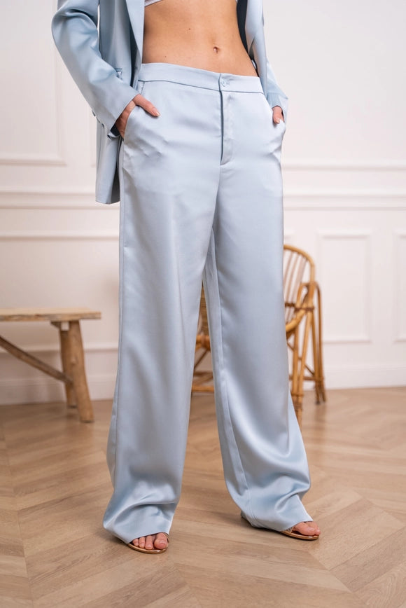 Satin Straight Cut Pants Sky Blue-Pants-Attentif Paris-Urbanheer