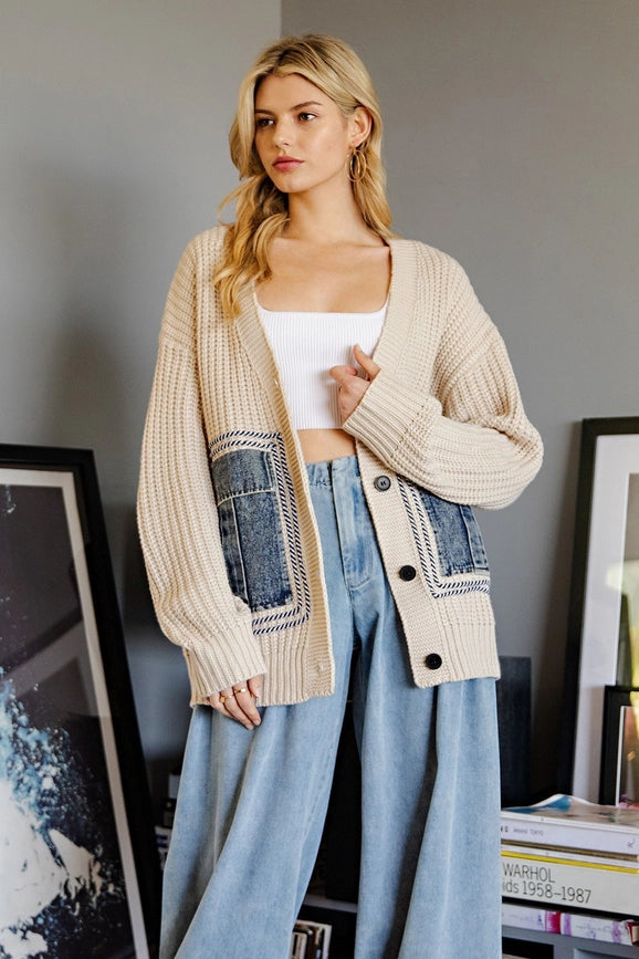 Button Down Cardigan with Denim Pockets