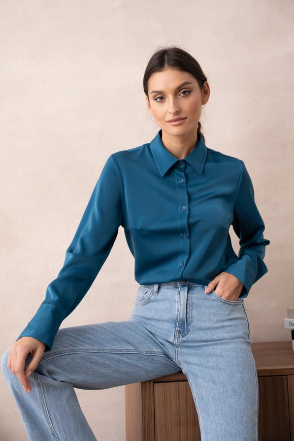 Plain Satin Shirt with Lapel Collar Duck Blue-SHIRT-Attentif Paris-Urbanheer