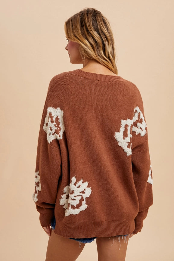 Intarsia Floral Knitted Sweater CAMEL