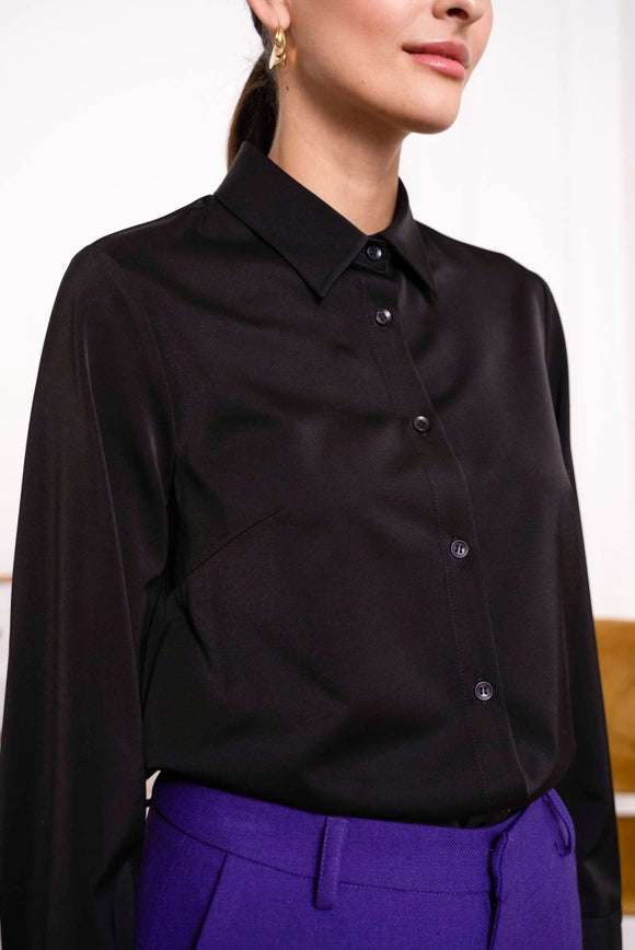 Plain Satin Shirt with Lapel Colla Black-SHIRT-Attentif Paris-Urbanheer