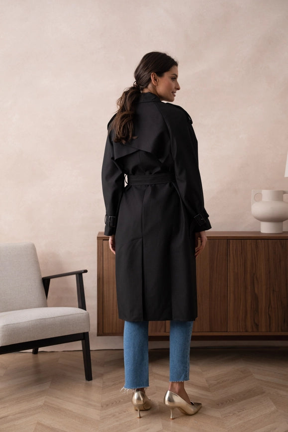 Long Trench Coat with Belt Black-COAT-Attentif Paris-Urbanheer