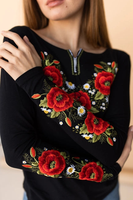 Embroidered Sweater Crimson Poppies Black-Clothing - Women-Handmade Originals Ukraine-Urbanheer