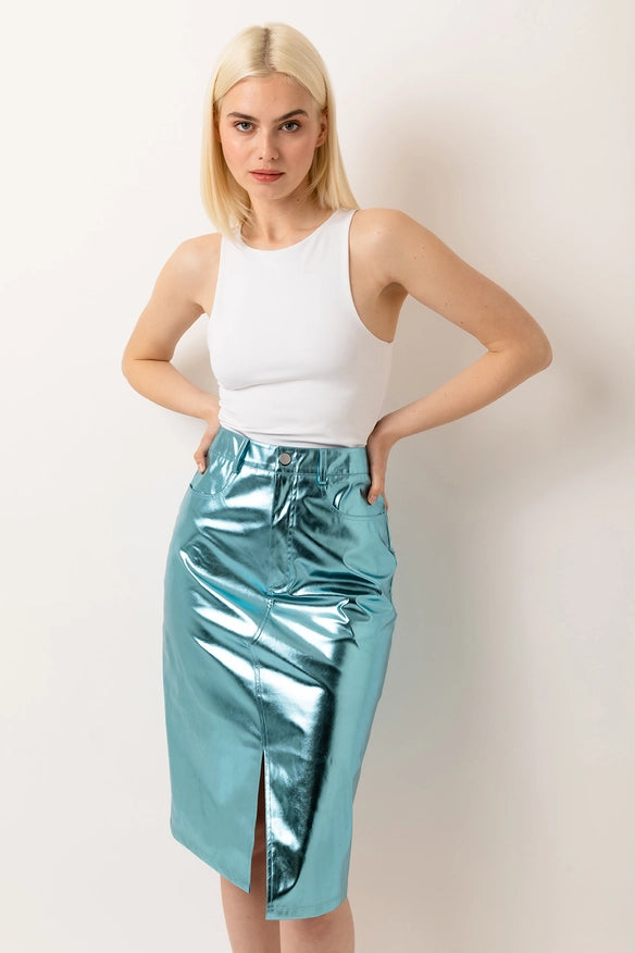Lupe High Waist Metallic Knee Length Skirt Ice Blue-Skirts-Amy Lynn-S-Urbanheer