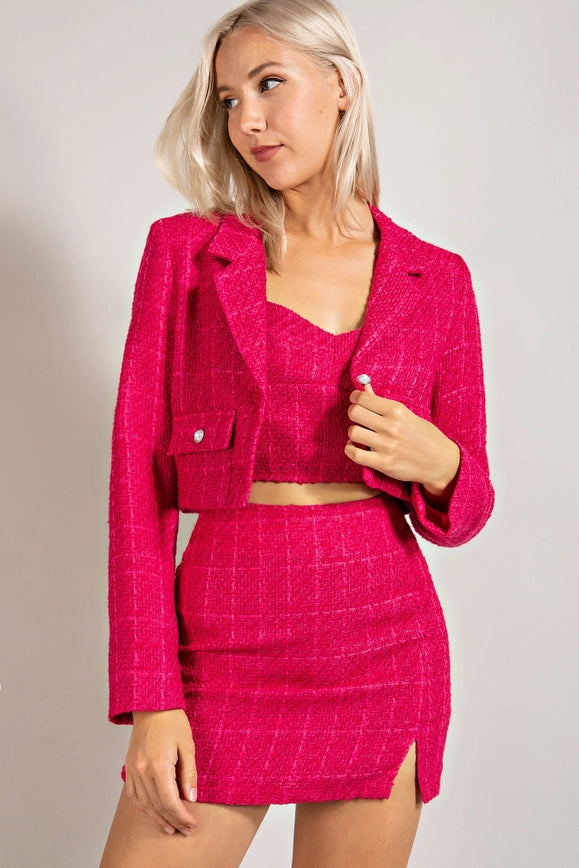 Tweed Crop Jacket w/ Pearl Buttons-Jacket-EDIT by NINE-MAGENTA-S-Urbanheer