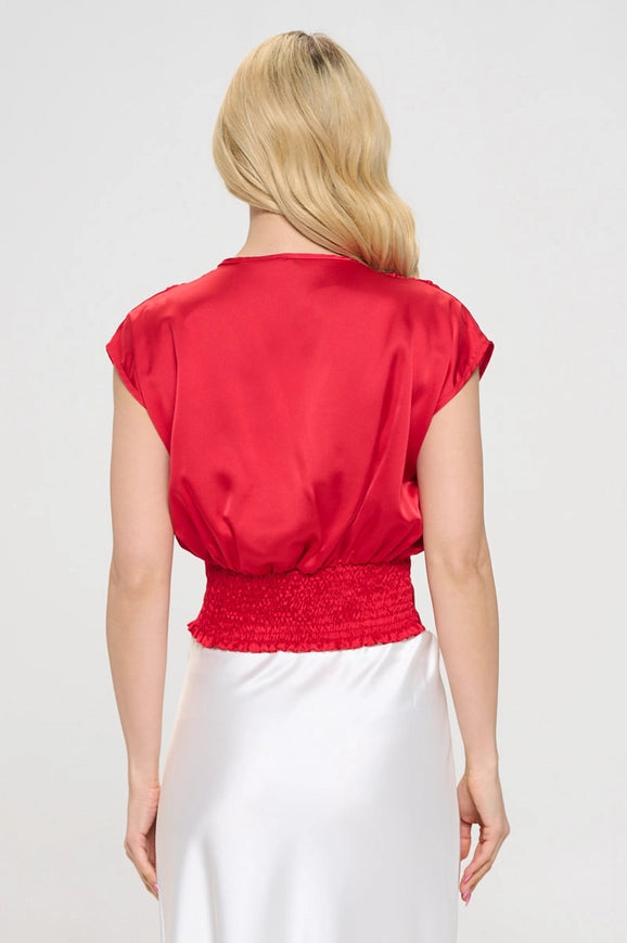 Solid Satin V Neck Crop Top W Smock Back Detail Red-TOP-Renee C.-Urbanheer