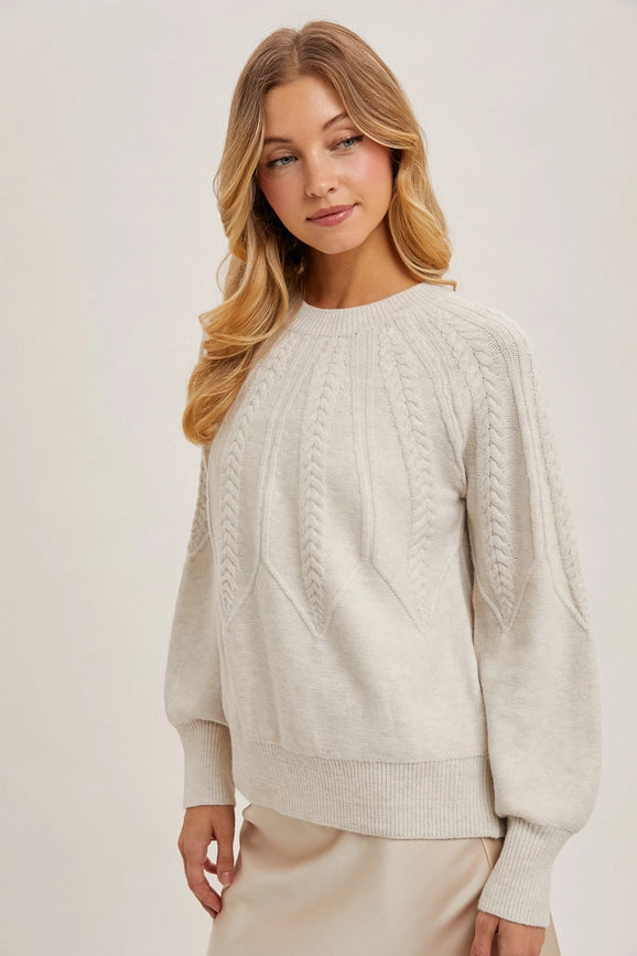 Long Sleeve Crew Neck Cable Knit Sweater OATMEAL