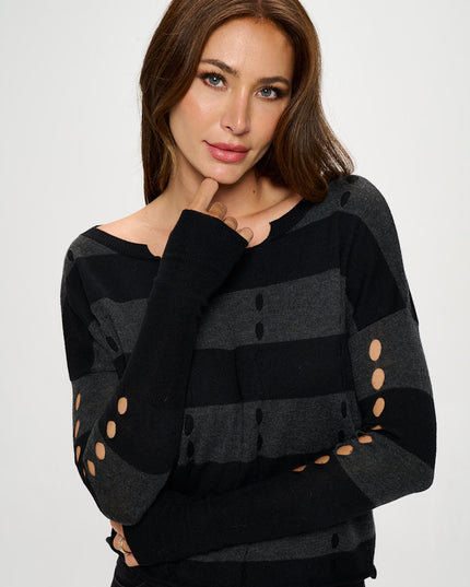 Striped Knit Long Sleeve Sweater With Hole Detail-Renee C.-Urbanheer