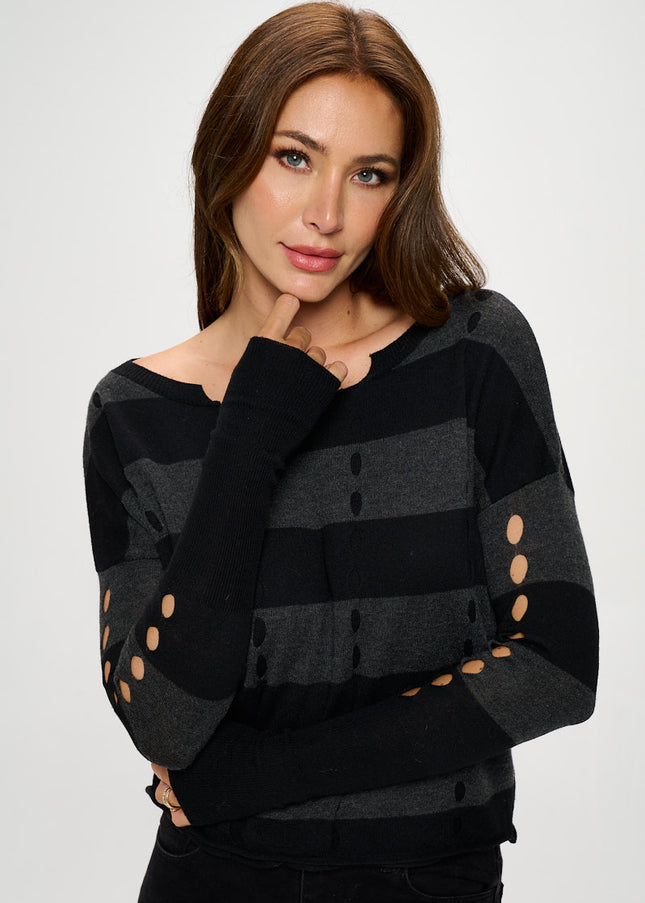 Striped Knit Long Sleeve Sweater With Hole Detail-Renee C.-Urbanheer