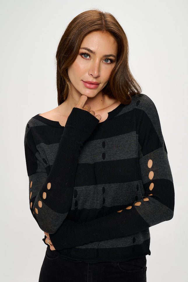 Striped Knit Long Sleeve Sweater With Hole Detail-Renee C.-Urbanheer