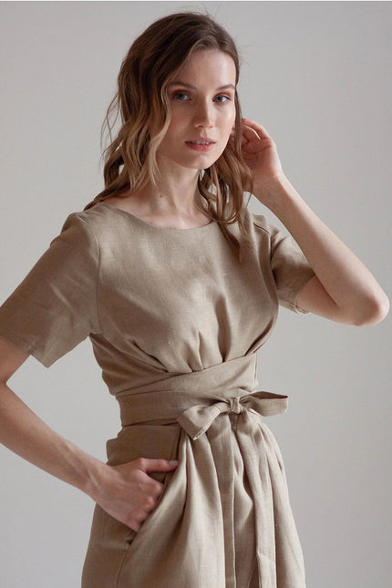 Beige Tie Belt Wrap Linen Bridesmaid Dress For Woman Mini-Dress-Nich Linen-Urbanheer