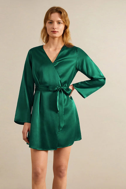 Loose Collarless Silk Emerald Green-Robe-MommeSilk-Urbanheer