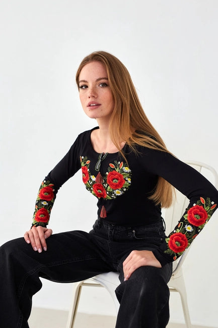 Embroidered Sweater Crimson Poppies Black-Clothing - Women-Handmade Originals Ukraine-Urbanheer