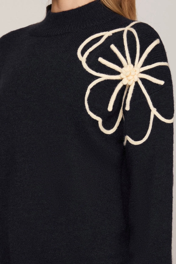 Sweater Top with Flower Embellishments NAVY