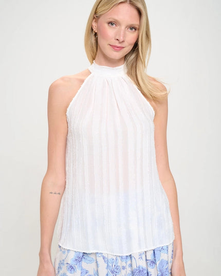 Made in USA Sheer Textured Halter Tie Neck Sleeveless Top-Top-Renee C.-Urbanheer