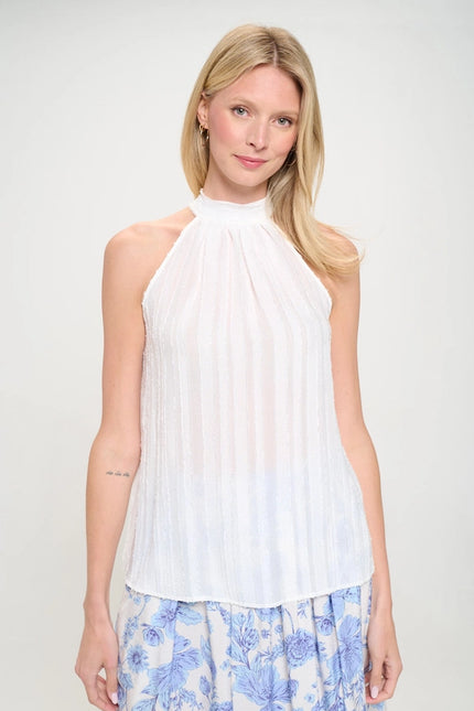 Made in USA Sheer Textured Halter Tie Neck Sleeveless Top-Top-Renee C.-Urbanheer