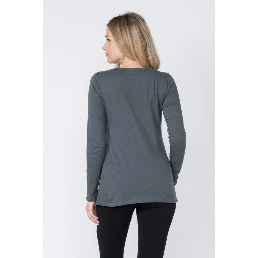 Western Style Long Sleeve Top with Eyelet Trim Grey-Top-Vocal-Urbanheer