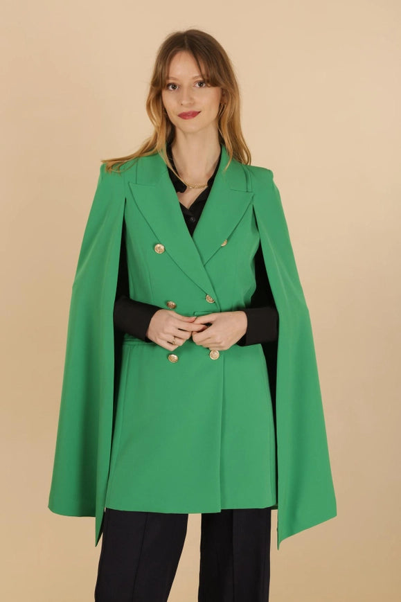 Mid-Length Cape Jacket with Belt Green-Jacket-Attentif Paris-S-Urbanheer