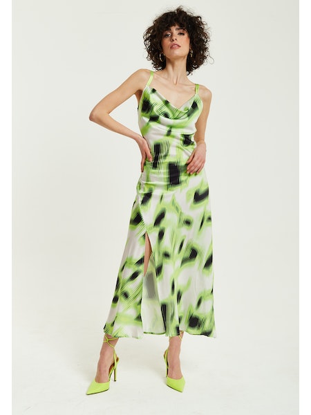 Liquorish Green And Black Abstract Print Cowl Neck Midi Dress-Liquorish-Urbanheer