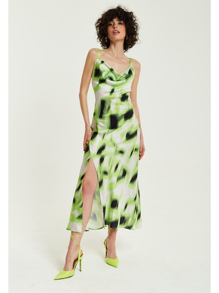 Liquorish Green And Black Abstract Print Cowl Neck Midi Dress-Liquorish-Urbanheer