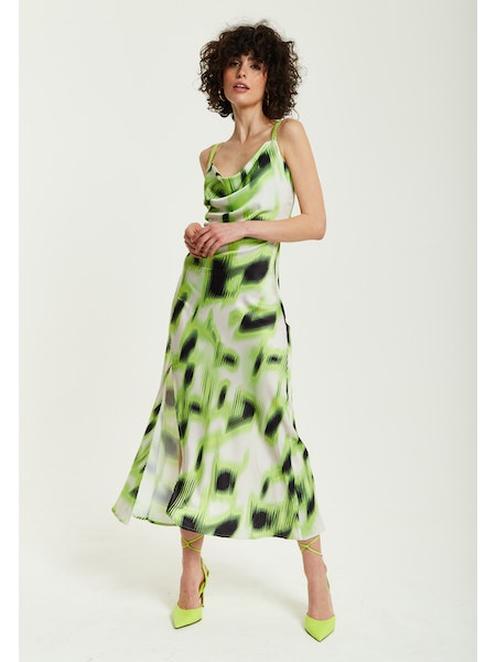 Liquorish Green And Black Abstract Print Cowl Neck Midi Dress-Liquorish-Urbanheer