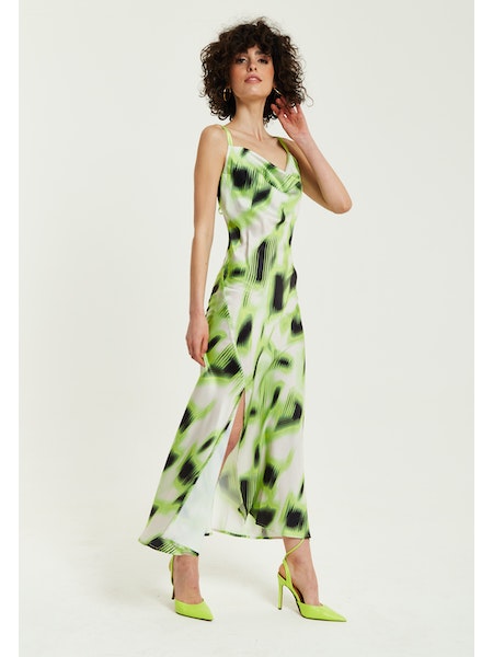 Liquorish Green And Black Abstract Print Cowl Neck Midi Dress-Liquorish-Urbanheer