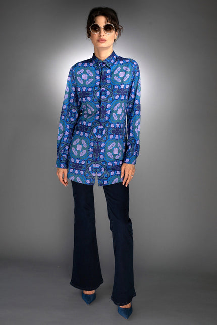 Floral Geometric Shape Long Shirt Roses Cobalt Blue / Lilac-Nuvula-Urbanheer