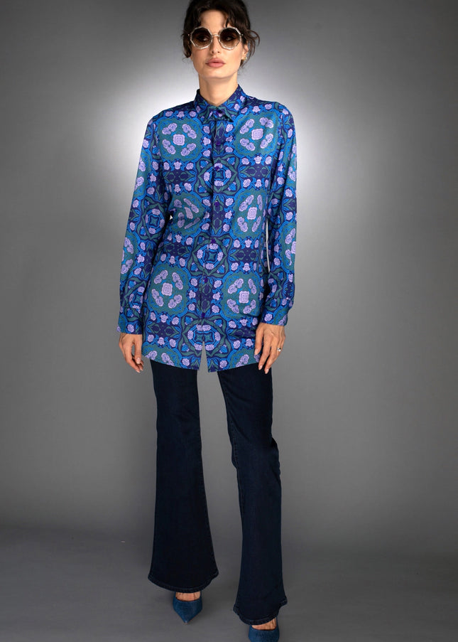 Floral Geometric Shape Long Shirt Roses Cobalt Blue / Lilac-Nuvula-Urbanheer