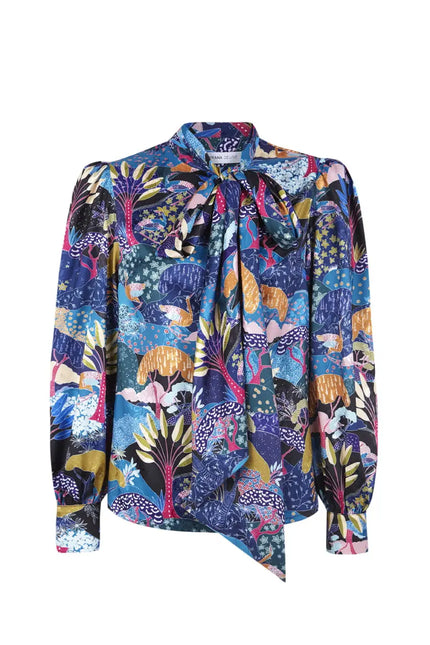 Chloe Print Shirt Bow Collar - Blue-Cyrana-XS-Urbanheer