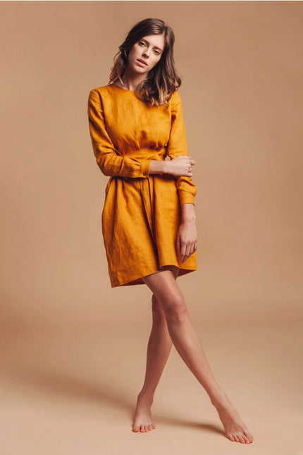 Mustard Yellow Belted Linen Wrap Dress For Women Mini-Dress-Nich Linen-Urbanheer