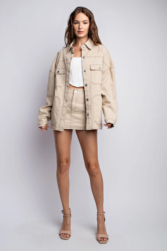 Oversized Twill Jacket with Contrast Stitch Light Taupe-Jacket-EDIT by NINE-S-Urbanheer