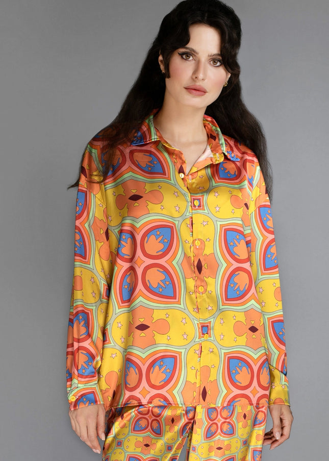 Loose Fit Floral Patterned Mustard Mescaline Satin Blouse-Nuvula-Urbanheer