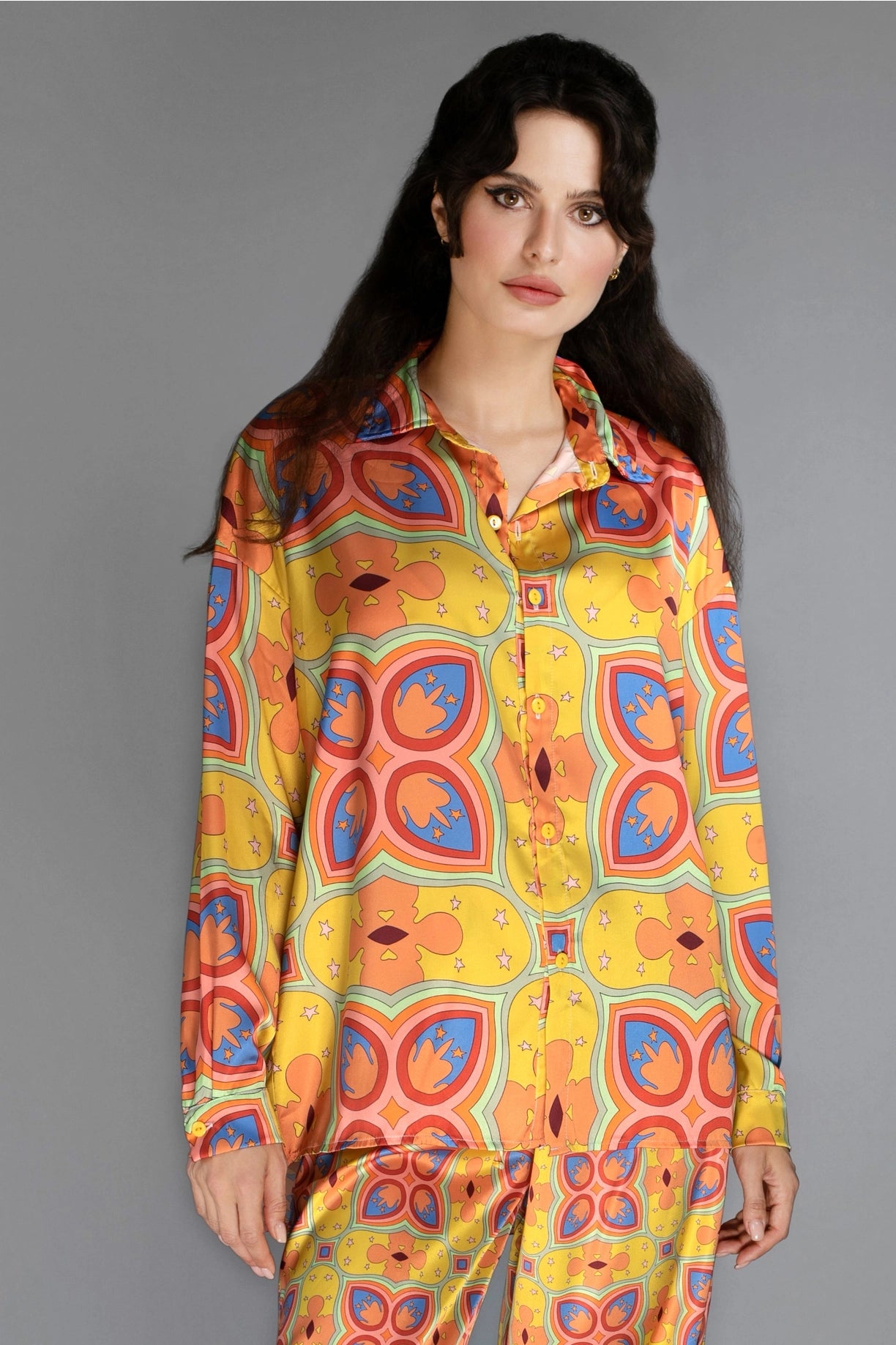 Loose Fit Floral Patterned Mustard Mescaline Satin Blouse-Nuvula-Urbanheer