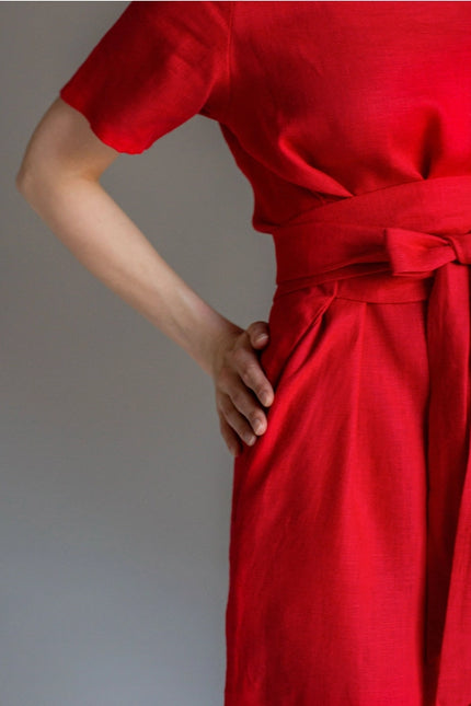 Wrap Linen Tie Belt Red Dress For Women Long With Pockets-Dress-Nich Linen-Urbanheer