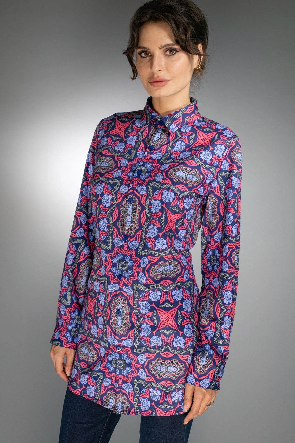 Geometric Long Shirt Electric Purple/Scarlet Red For Women-Nuvula-Urbanheer