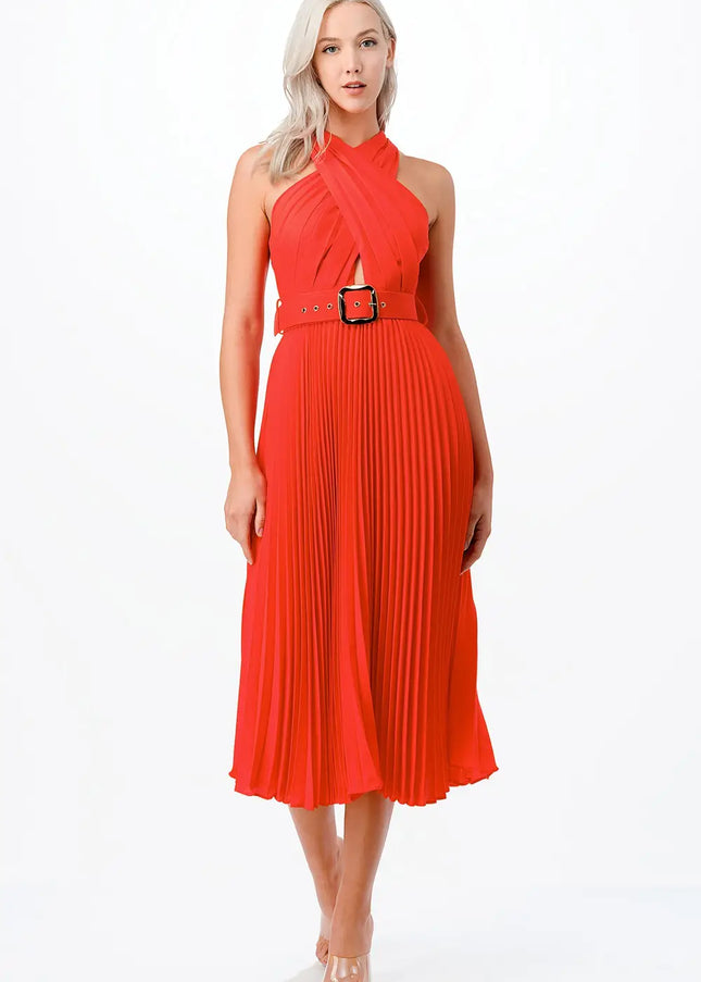 Cross Over Pleats Midi Dress- Orange-Clothing - Women-Neon Blush-Urbanheer